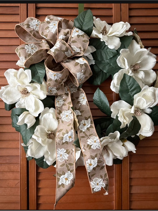 Handmade Other - Handmade White Magnolia Wreath with Floral Pattern Ribbon - Elegant Door Décor